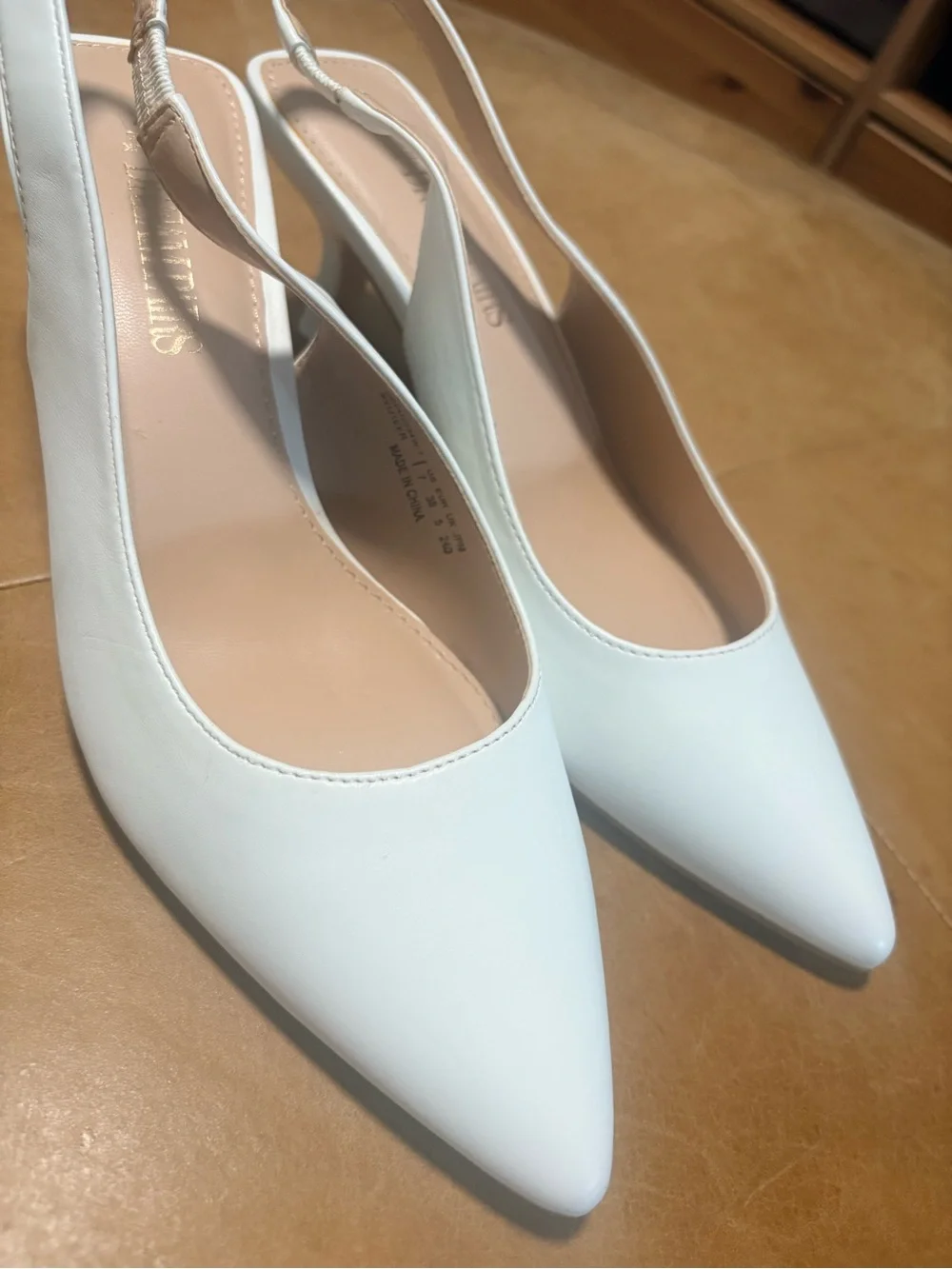 Pointed-Toe White Slingback Kitten Heels